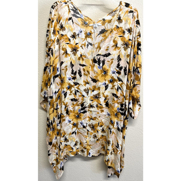 O'Neill Floral Coverup Tunic Size M/L Dolman Sleeves Mustard Yellow Cream - Picture 2 of 10